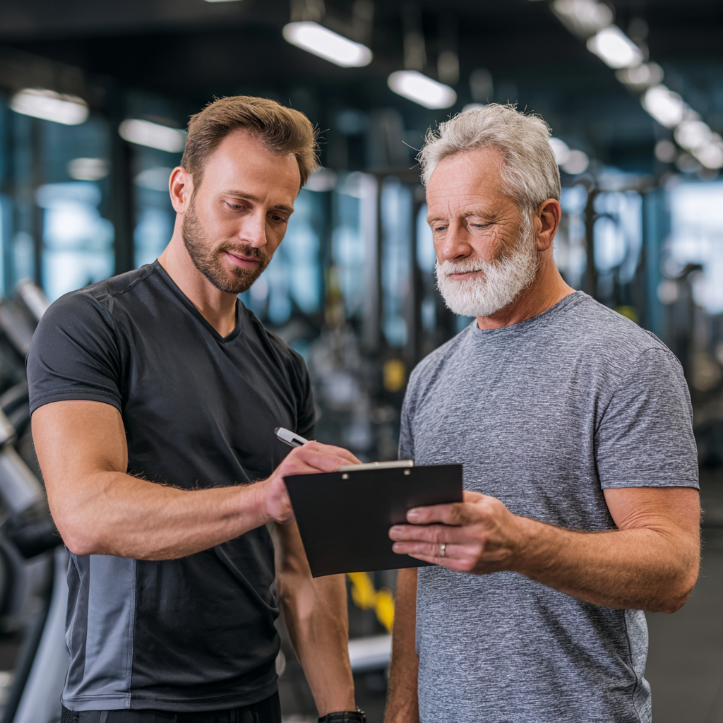 Fitness trainer consulting with mature adult in modern gym setting