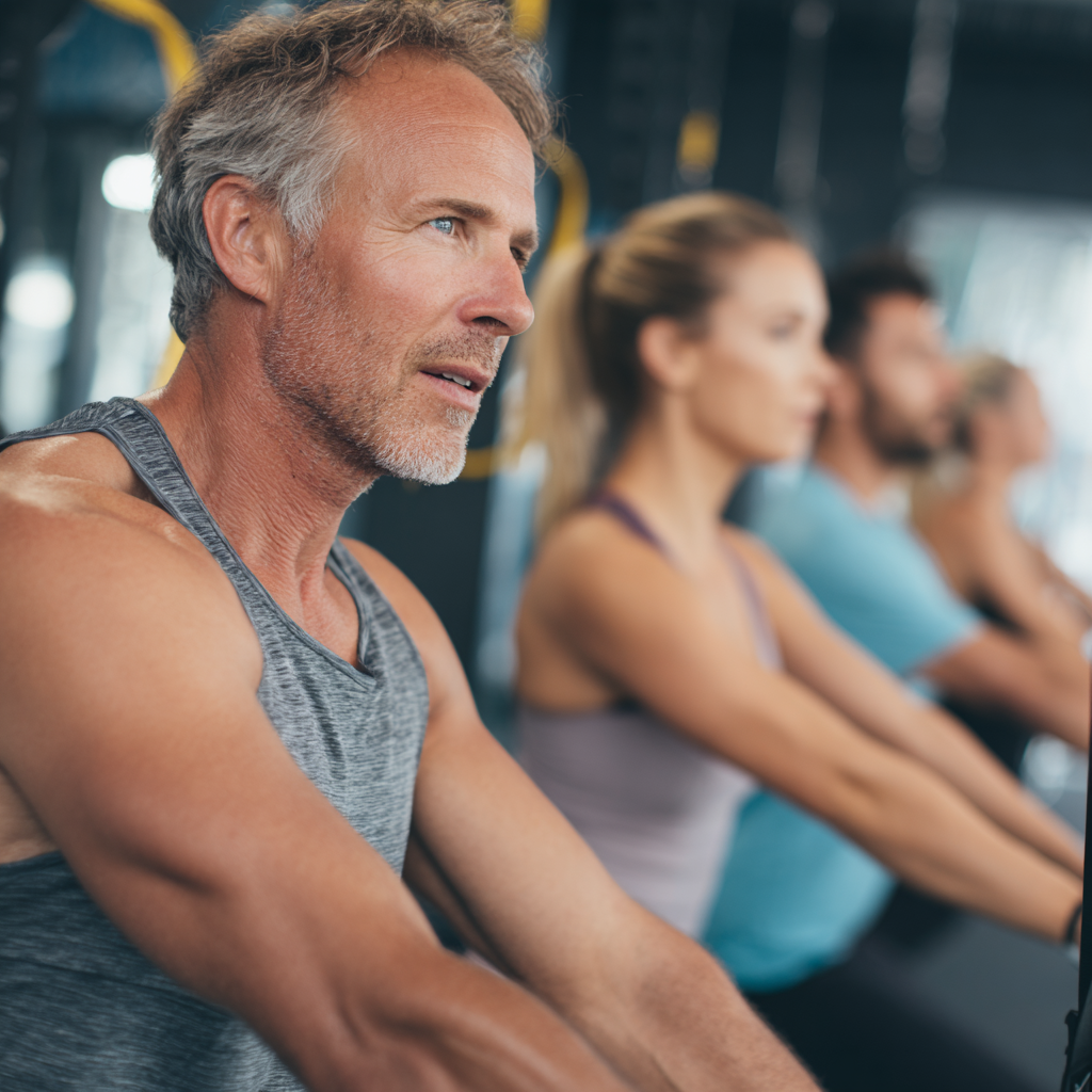 Middle-aged adults engaged in functional fitness training session
